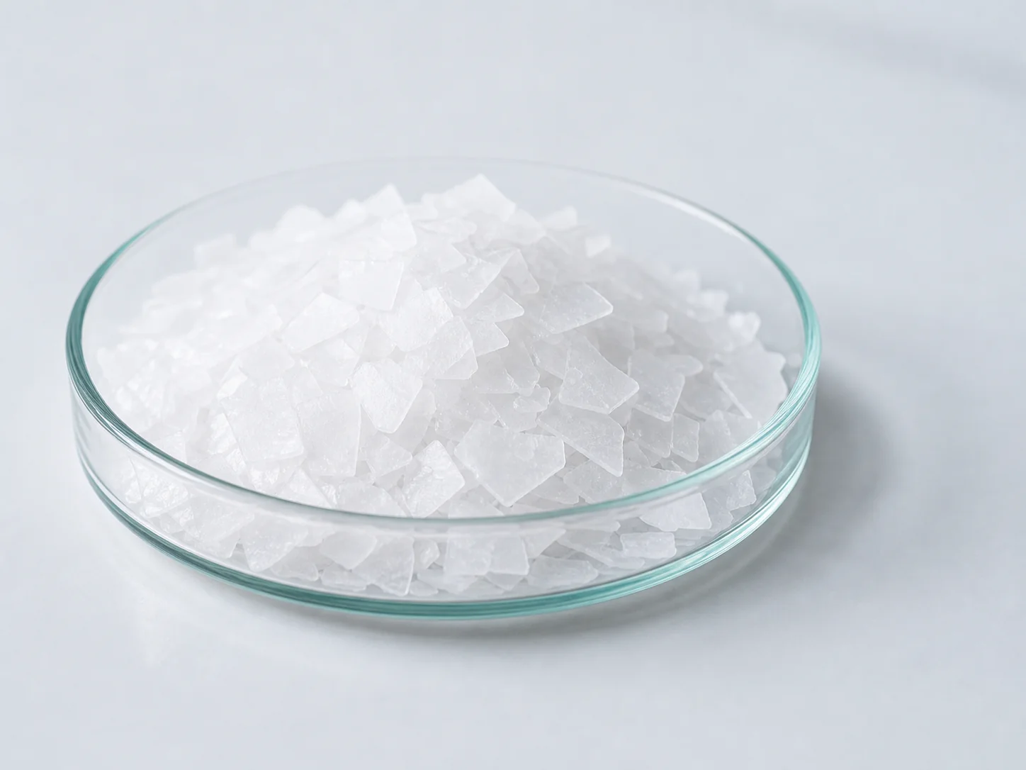 Illustrative white caustic soda flakes in a laboratory glass dish