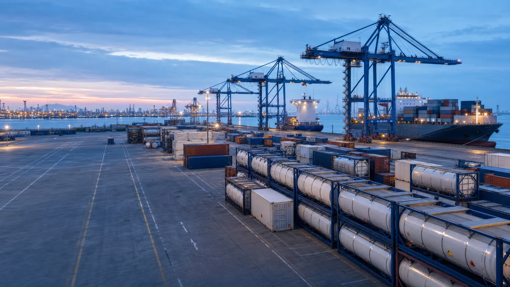 Illustrative port terminal with containers and a cargo vessel