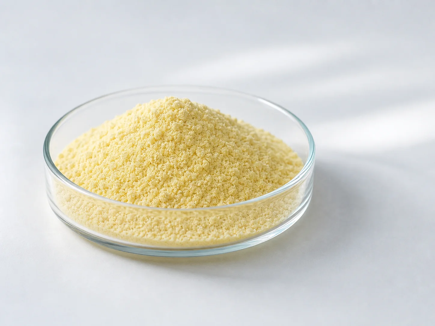Illustrative pale yellow poly aluminium chloride powder in a laboratory glass dish