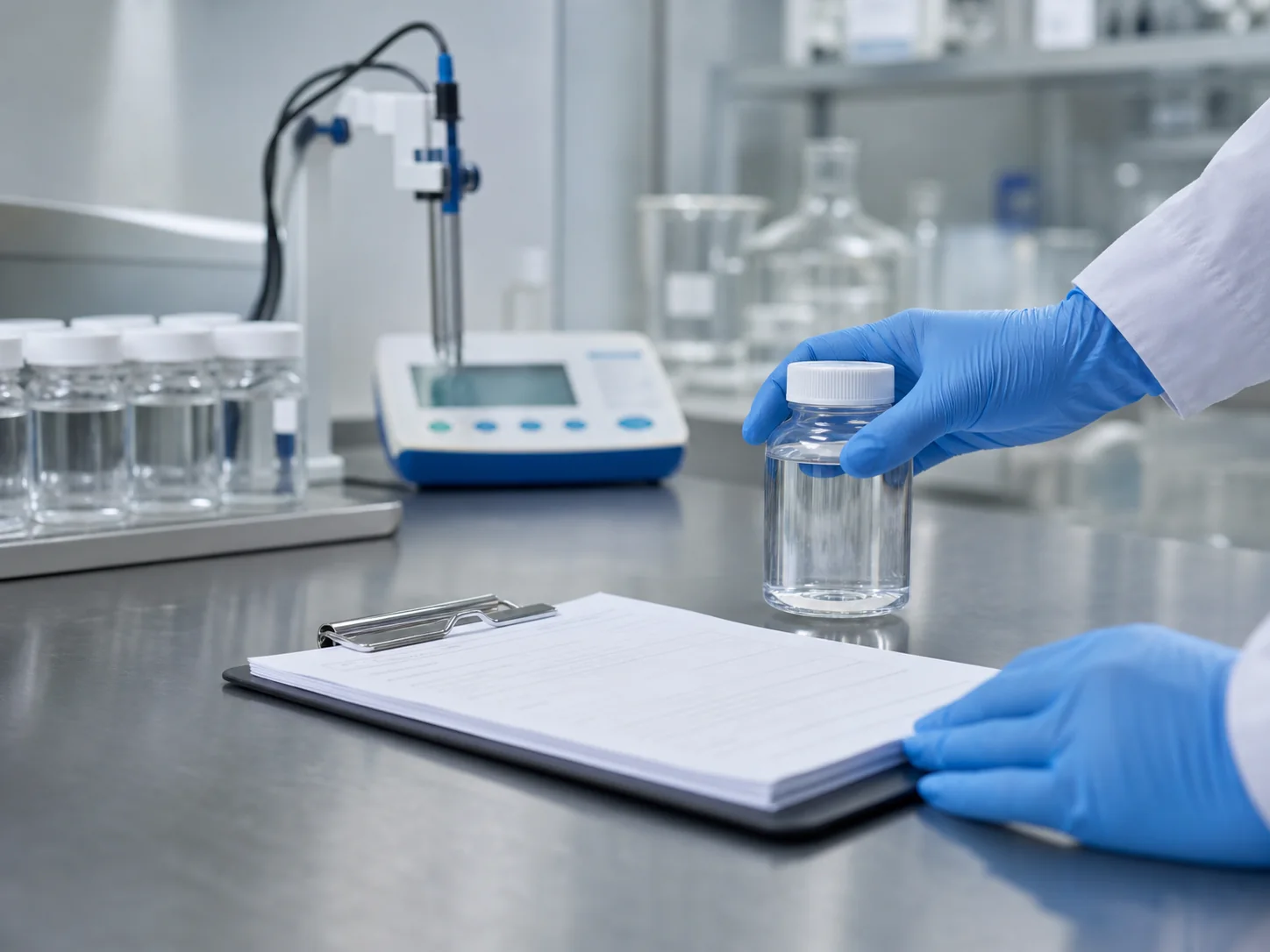 Illustrative quality-control workspace with a sealed sample and blank batch review form